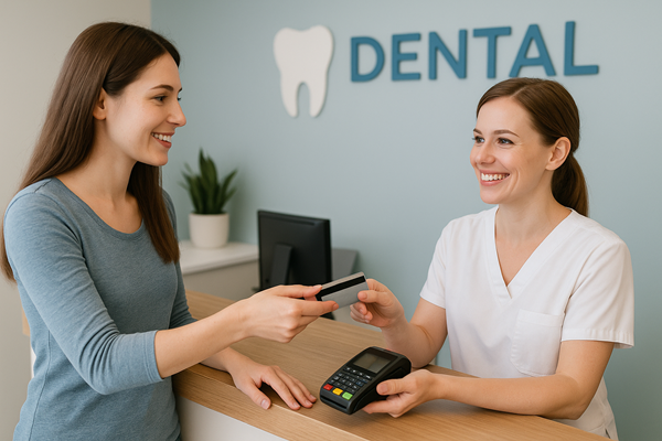 a dental patient paying for a teeth whitening service